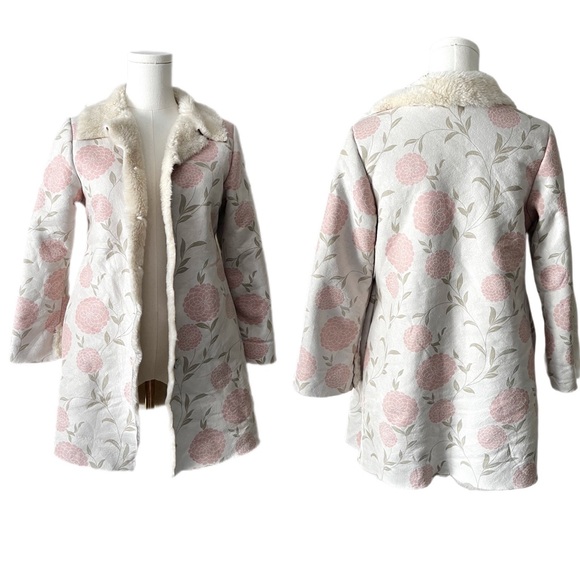 Laura Ashley Made In France Vegan Suede FauxFur Lined Cream and Pink Floral Coat - Picture 2 of 14